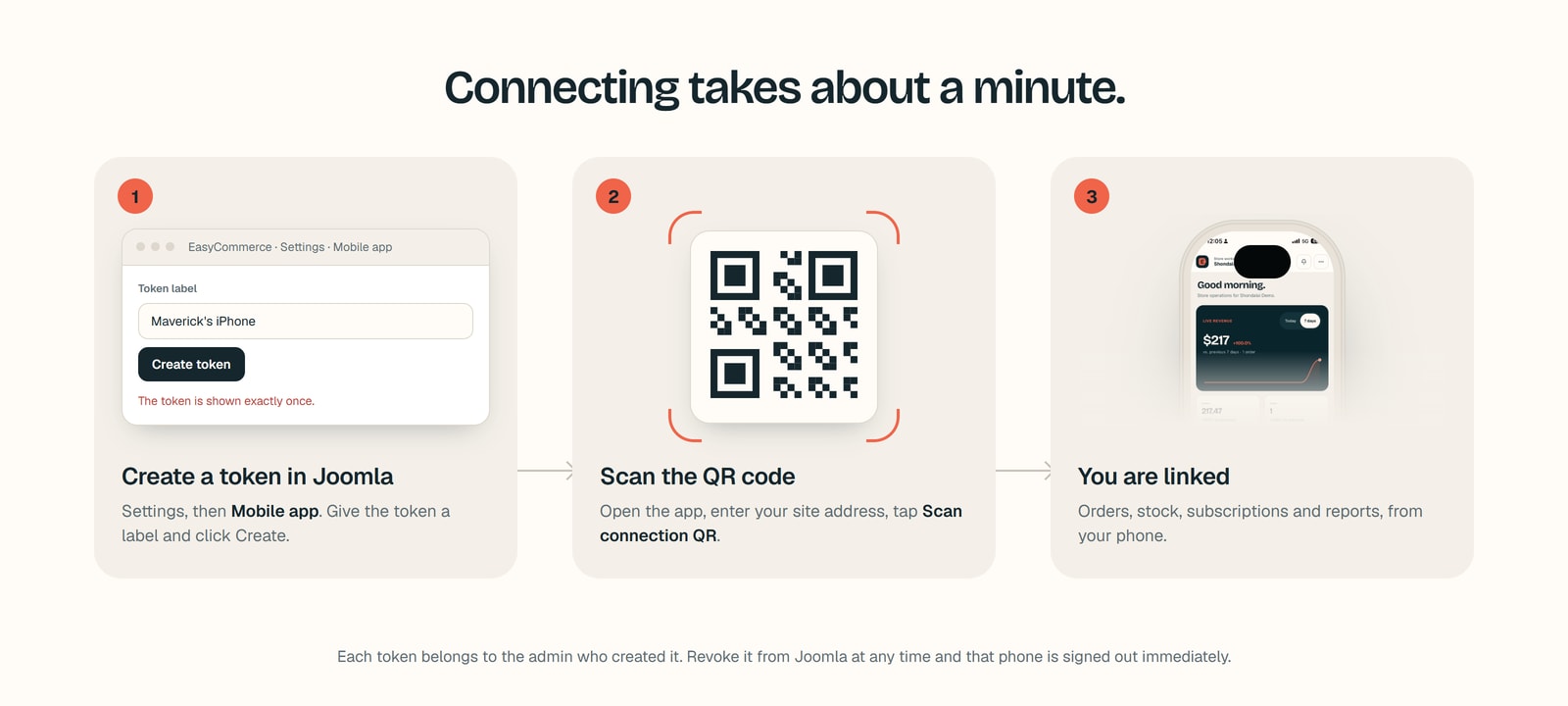 Three steps: create a token in EasyCommerce settings, scan the QR code with the app, and you are linked